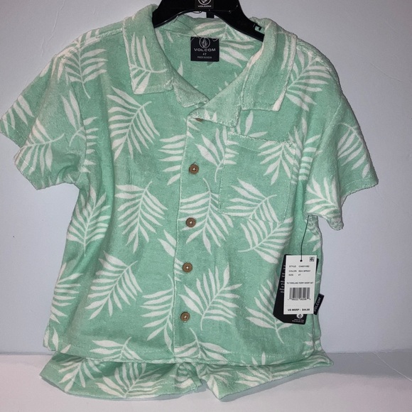 Volcom Kids Mint Leaf Button Down Shirt with Matching Elastic Shorts - Picture 1 of 9